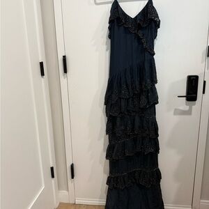 HAUTE HIPPIE NAVY Tiered Ruffle Maxi Gown
